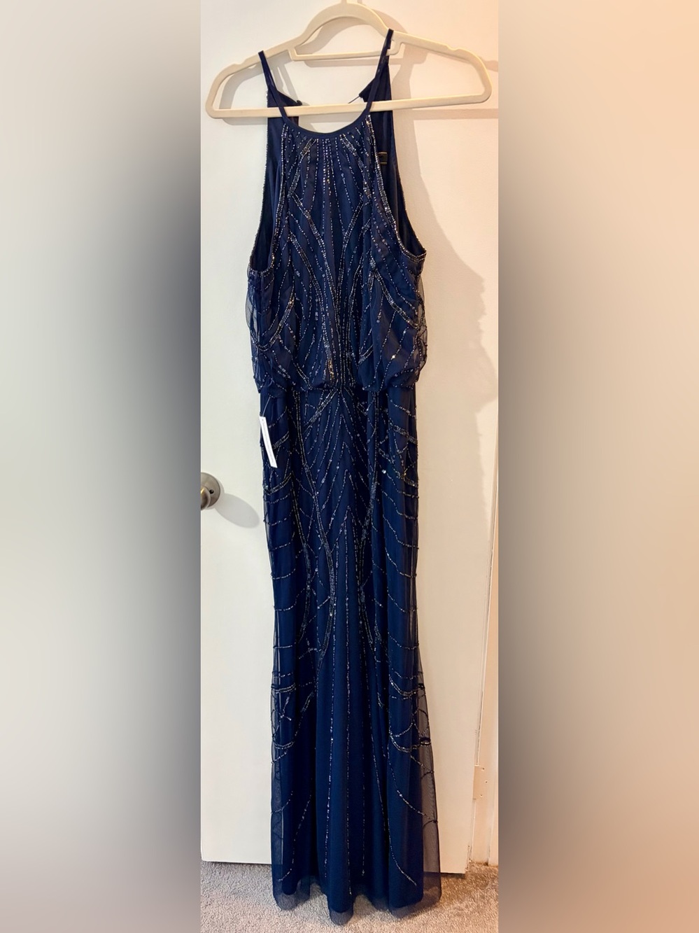 Navy Beaded Halter Evening Gown - Elegant Women's Dress